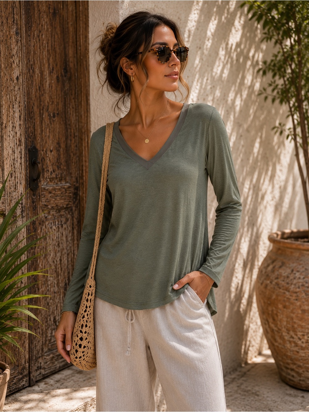 White House Black Market Olive V Neck Satin Trim Long Sleeve Top M
